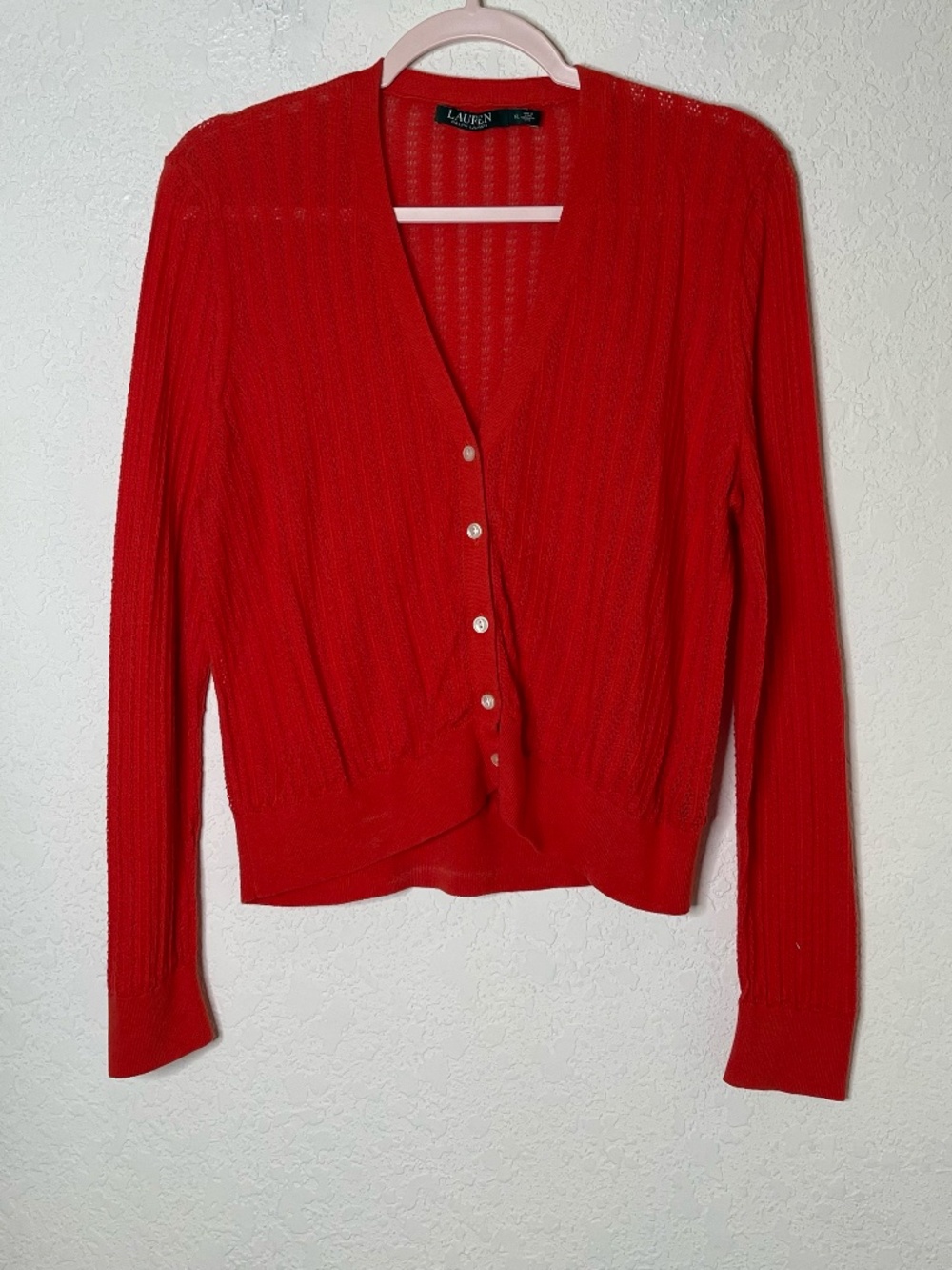 Lauren Ralph Lauren XL Red Pointelle Knit Short Cardigan Sheer Button Front